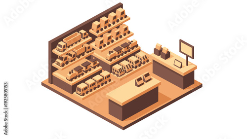 Isometric toy store with display shelves of cars and trucks
