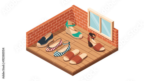 Isometric room with stylish women's summer shoes display on wooden floor