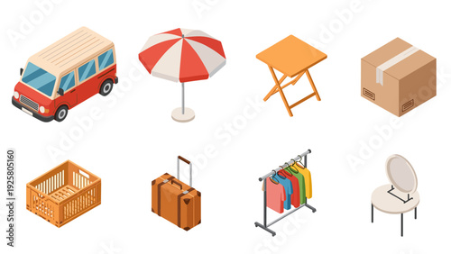 Isometric icons of camping gear: van, umbrella, table, box, crate, suitcase, clothes rack, chair
