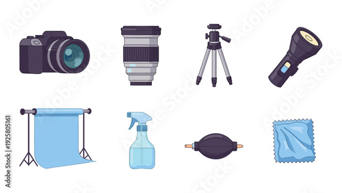 Essential photography equipment icons: camera, tripod, lens, and accessories in modern style