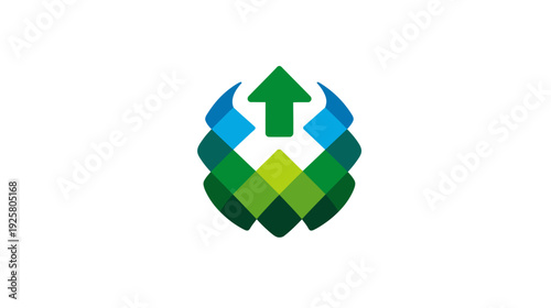 Colorful abstract design with a green upward arrow within a geometric oval-like shape
