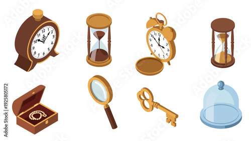 Vintage isometric objects: clocks, hourglasses, magnifying glass, key, jewelry box