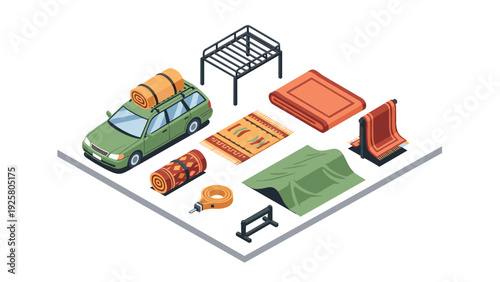 Isometric camping gear and accessories set featuring car with roof rack and tents