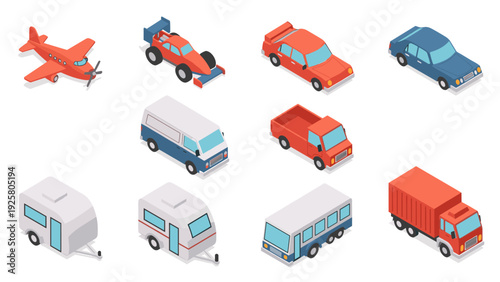 Isometric transport icons collection featuring classic and modern vehicles