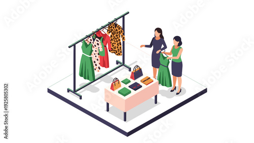 Fashion shopping isometric scene with women choosing clothes in a boutique
