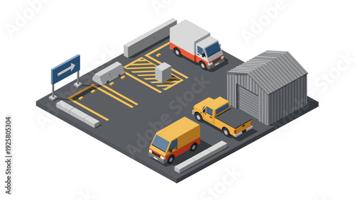 Isometric parking lot with delivery vans and warehouse building