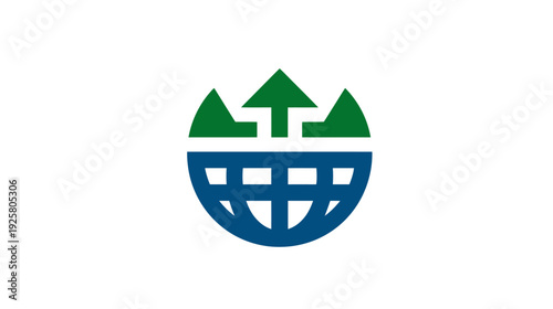 A symbolic image, combining globe-like form with an upward arrow and green elements
