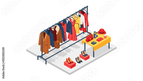 Isometric clothing display with coats, dresses, and accessories on racks and table