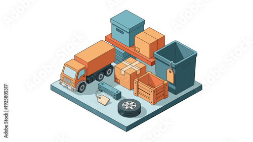 Isometric warehouse elements with truck and storage boxes