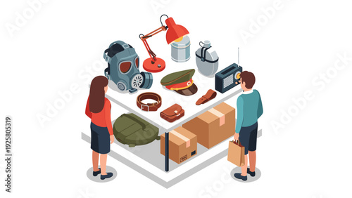People shopping for military surplus gear on a table in isometric style