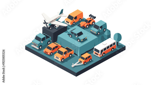 Isometric vehicles on display with cars, trucks, and planes in vibrant colors