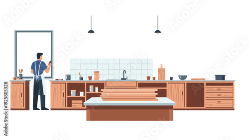 Modern kitchen with man cooking and minimalist decor