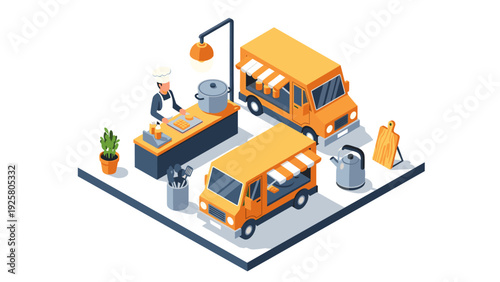 Isometric street food market with trucks and chef
