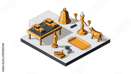 Isometric antique collection with vintage toys and decor elements