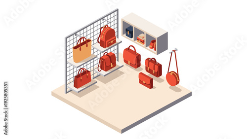 Isometric retail display with stylish bags and accessories on modern shelving