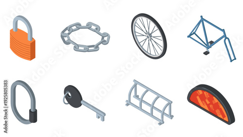 Isometric bike accessories set: lock, chain, wheel, and frame elements
