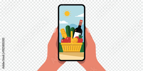 Hands Holding Smartphone with Grocery Basket Isolated on Transparent Background Online Grocery Concept