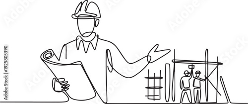 One continuous line drawing of construction engineer is reading the design and directing workers on site vector illustration. one line art icon drawing vector