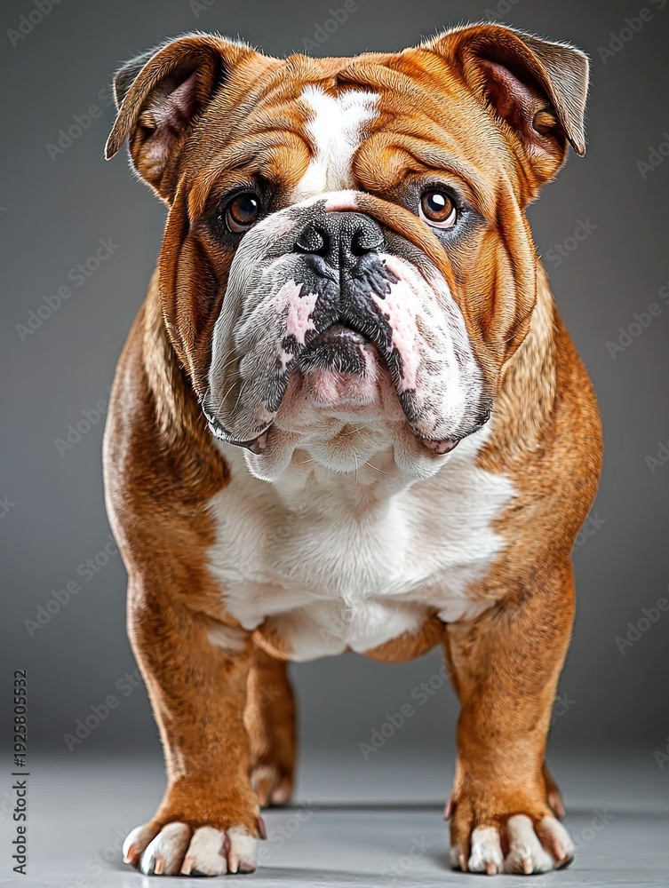 Obraz premium Brindle bulldog stands, facing front. White chest, wrinkled face, short-legged