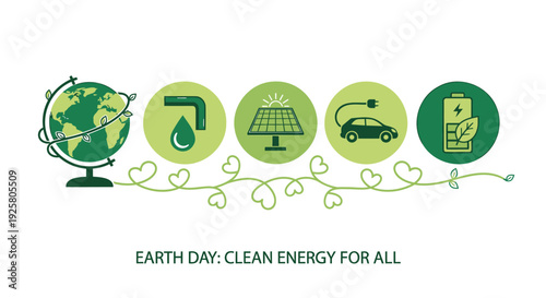 Earth Day clean energy icon set. Includes globe, solar panel, eco, car, and battery symbols. Created in flat style with green color palette.