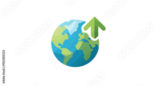 A globe with green continents and blue oceans with a green arrow pointing upwards