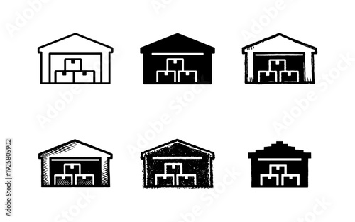 Collection of warehouse icons with boxes inside, representing logistics and storage solutions