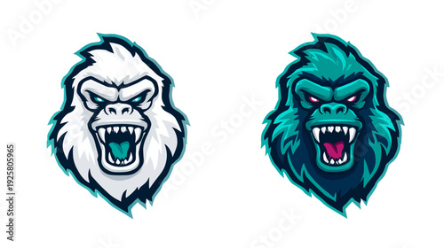 Two menacing ape head illustrations, one white and turquoise, the other turquoise and navy