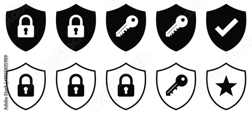 Security shield icon set, vector collection with lock, key, check mark, and star symbols, representing protection, privacy, data security, and safety for apps, websites, and user interface designs.