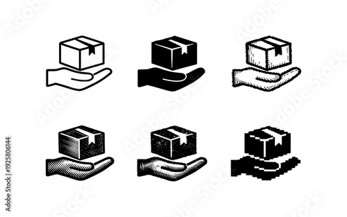 Collection of six different hand holding package icons in various artistic styles