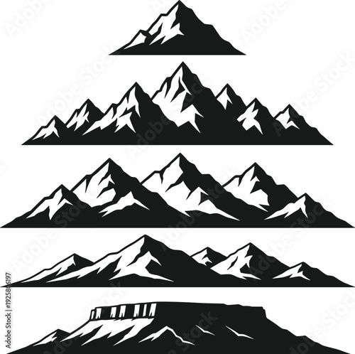 Mountain range silhouette set with peak peaks, rocky ridges, hill outlines, and plateau summits for outdoor travel and adventure design.
