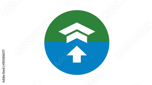 A geometric illustration of upward arrows inside an oval split into green and blue colors