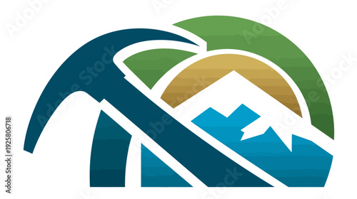 A graphic featuring a pickaxe, mountain silhouette, and gradient-filled arcs