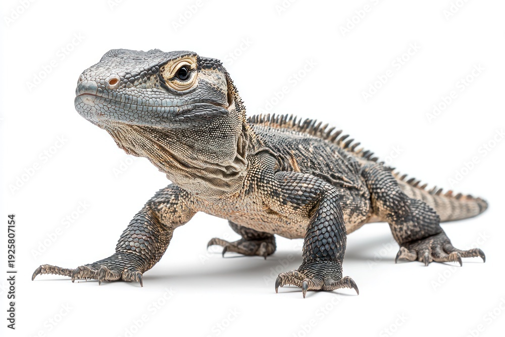 Fototapeta premium Lizard with textured skin, isolated on white, in a low-angle, eye-level portrait