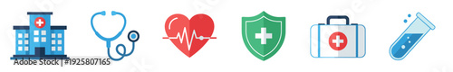 Set of medical and healthcare icons in a colorful flat design style, including a hospital, stethoscope, heart with cardiogram, protection shield, first aid kit, and a test tube
