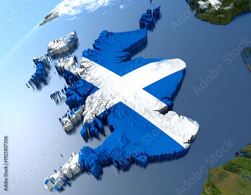 Stylized Scotland map with blue and white Saltire flag relief on a world globe