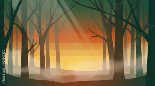 Gradient Illustration of a Misty Forest at Golden Hour with Layered Light and Shadow
