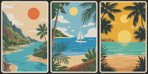 Coastal Sailboat Triptych poster set, sandy beach coastline and blue ocean sailboat under sunny sky