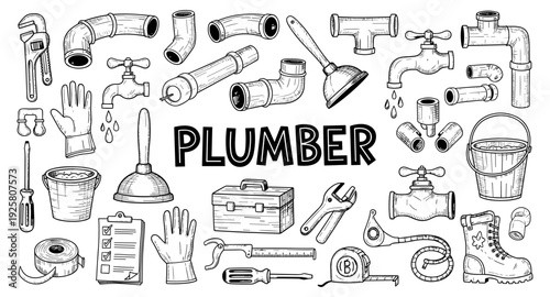 Collection of plumbing tools and supplies with the word PLUMBER in the center