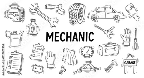 Doodle illustration of car repair tools and equipment with the word mechanic