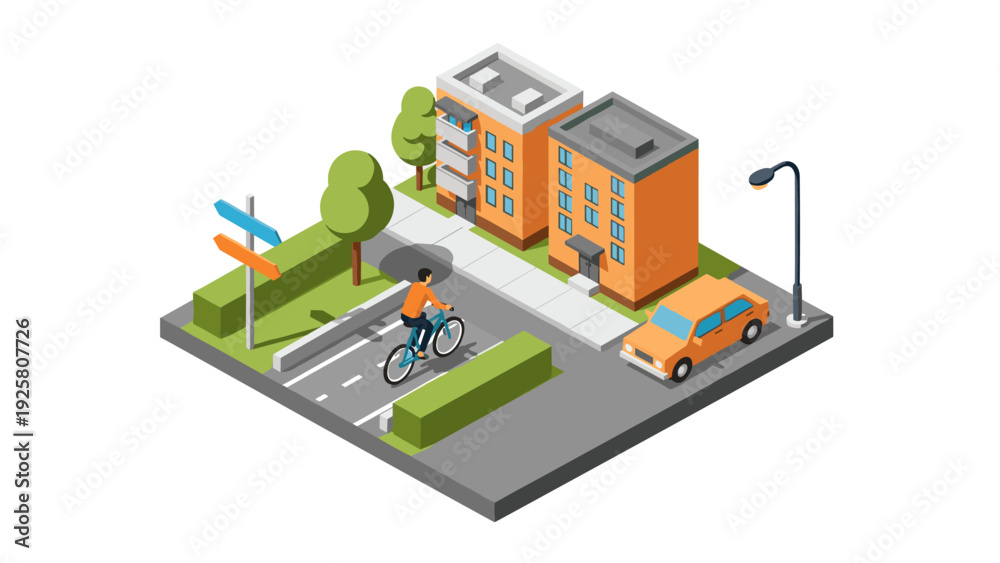 Obraz premium Isometric urban scene with cyclist and city buildings in modern style