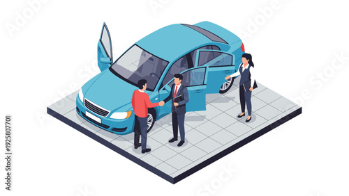 Isometric car dealership meeting with clients and salesperson vector graphic