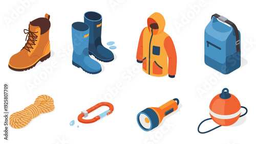 Essential hiking and camping gear isometric depiction for outdoor enthusiasts