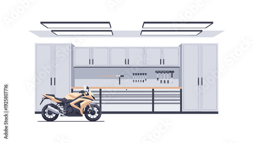 Modern garage interior with motorcycle and custom cabinets