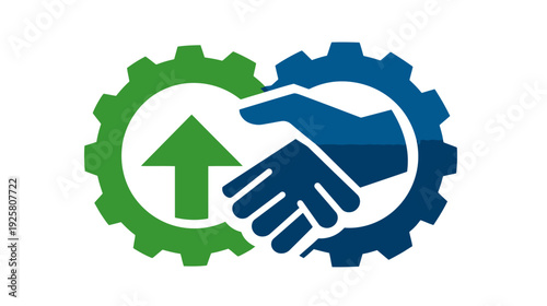 A conceptual graphic featuring interlocking gears, hands clasping, and a green arrow pointing upwards