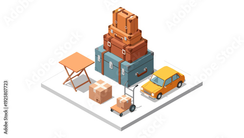 Isometric luggage and transport scene with vintage car and boxes