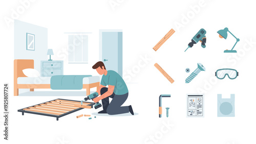 Man assembling bed frame at home with tools and instructions
