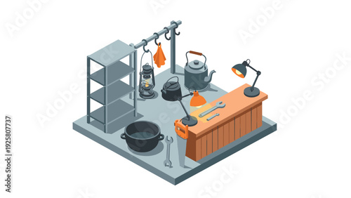 Isometric workshop scene with tools and vintage kettle on workbench