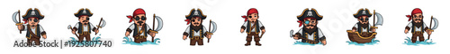 Set of cartoon pirate characters in various poses with hats, eyepatches, and cutlasses, designed as a collection of game assets or mascots for an adventure theme