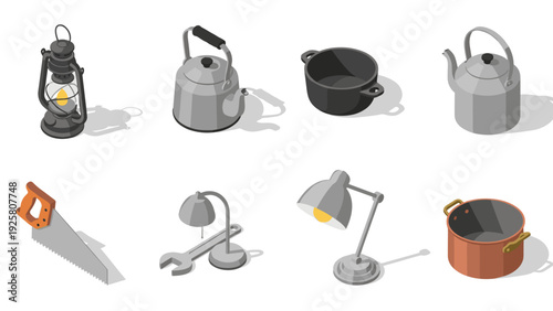 Isometric household items collection: lantern, teapots, cookware, tools, and lamps