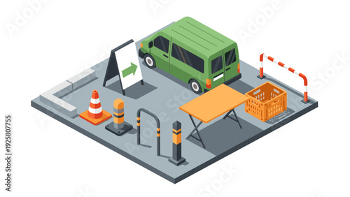 Isometric urban parking scene with green van and traffic elements
